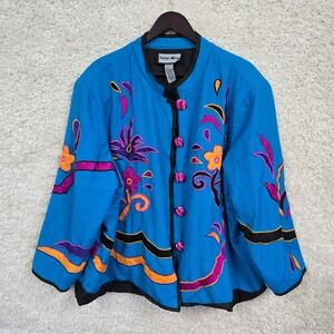 Indigo Moon Embroidered Jacket Womens 3X Blue Floral Shoulder Pads Boho Eclectic